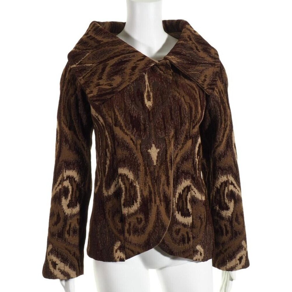 Brocade Womens Jacket S / M Lined Brown Tan Shawl Collar Hand Taylored